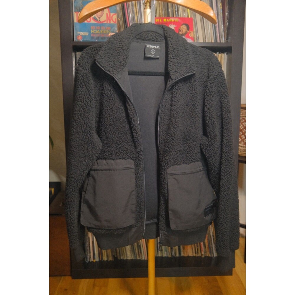 Staple Pigeon Black Sherpa Fleece Full-Zip Utility Pockets Jacket Men Size Small